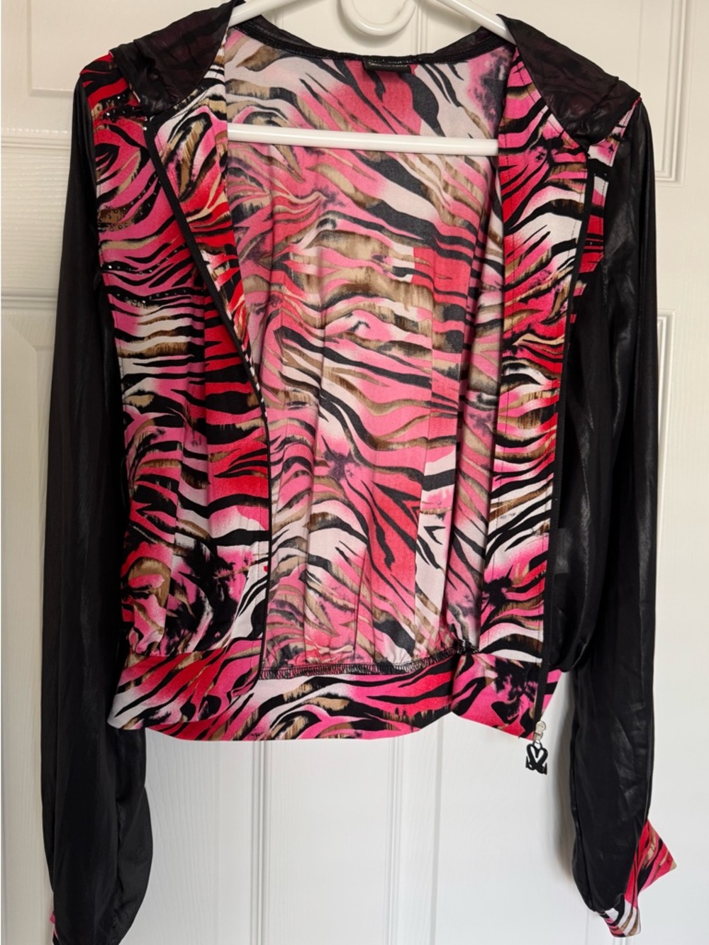 Pink Zebra-Print Bomber Jacket with Dark Brown Sleeves